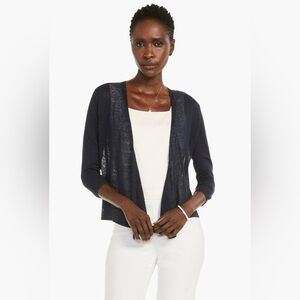 EILEEN FISHER Cardigan 100% Linen Slub Open‎ Front Elbow
Sleeve Navy Blue Sheer